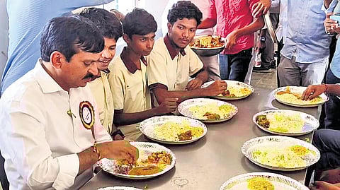 Revenue Minister Ponguleti Srinivasa Reddy and Irrigation Minister N Uttam Kumar Reddy have lunch with students in their respective districts on Saturday