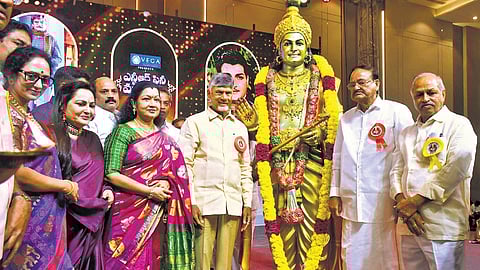 Chief Minister N Chandrababu Naidu and former Vice-President M Venkaiah Naidu take part in ‘NTR Cine Vajrotsavam’ in Vijayawada on Saturday