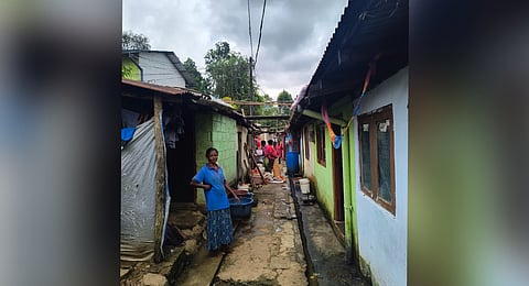 A row of layams, the British-era "line houses", in Battalgalla in Nuwara Eliya district, where majority of the Malaiyaha Tamils live.