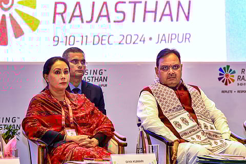 Rajasthan Chief Minister Bhajanlal Sharma and Deputy Chief Minister Diya Kumari during the Rising Rajasthan Investment Summit, in Jaipur, Monday, Dec. 9, 2024.