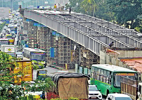 Ongoing construction work on Hebbal flyover in Bengaluru