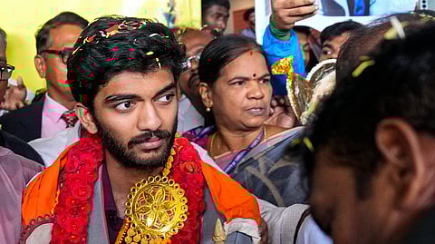 Chennai: World's youngest Chess Champion Gukesh Dommaraju being welcomed upon his arrival at the airport, in Chennai, Monday.