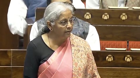 Union Finance Minister Nirmala Sitharaman speaks in the Rajya Sabha during the debate on the 75th year of our Constitution on Monday.