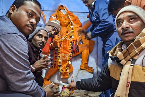 Devotees offer prayers at Shri Kartik Mahadev Temple (Bhasma Shankar temple) that reopened on December 13 after being shut for 46 years, in Sambhal, UP, Monday, Dec. 16, 2024.