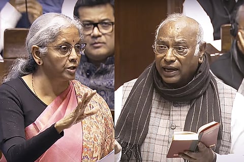 Finance Minister Nirmala Sitharaman (L) LoP in the Rajya Sabha Mallikarjun Kharge (R) speaks in the House during the Winter session of Parliament