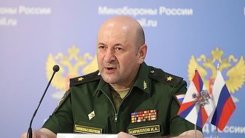 Maj. Gen. Igor Kirillov, the chief of the Russian military's radiation, chemical and biological protection unit, attends a briefing in Kubinka Patriot park, outside Moscow, Russia, on June 22, 2018.