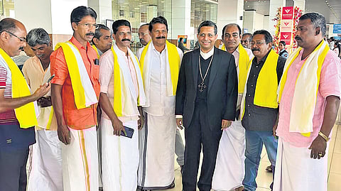 Laity members welcome Cardinal George Jacob Koovakad at Kochi airport upon his arrival from the Vatican on Tuesday