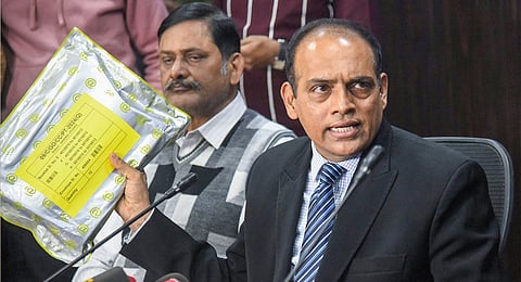 Bihar Public Service Commission (BPSC) Chairman Parmar Ravi Manubhai addresses a press conference regarding the alleged paper leak in the 70th Integrated Combined Competitive Examination (CCE) 2024, conducted by BPSC, in Patna, Monday, Dec. 16, 2024.