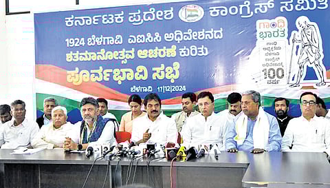 AICC general secretary KC Venugopal addresses a press conference, as CM Siddaramaiah, DCM DK Shivakumar and others look on, in Belagavi on Tuesday