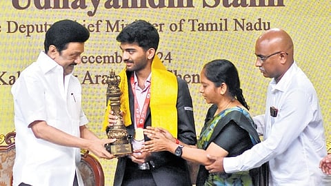 Chief Minister MK Stalin felicitates World Chess Champion Gukesh Dommaraju at a ceremony held in Chennai on Tuesday.