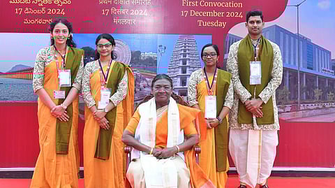 President of India Draupadi Murmu, Governor S Abdul Nazeer and CM Nara Chandrababu Naidu during the 1st Convocation of AIIMS Mangalgiri on Tuesday.