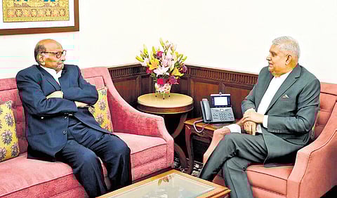 Vice President and Rajya Sabha Chairman Jagdeep Dhankhar with NCP-SP chief Sharad Pawar during a meeting at Parliament House, in New Delhi, Wednesday.