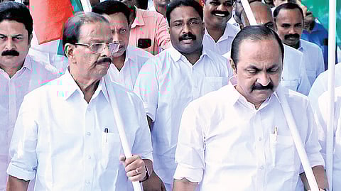 Congress state president K Sudhakaran and Leader of Opposition V D Satheesan leading the KPCC’s Raj Bhavan march