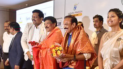Tourism minister Kandula Durgesh, TDC corporation chairman Nukasani Balaji and AP Tourism Development Corporation VC&MD Amrapali Kata during the tourism investors engagement program on Tuesday.