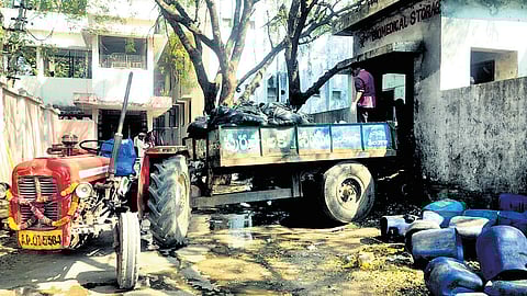 Biomedical waste from RIMS, Adilabad, being loaded in municipality vehicle