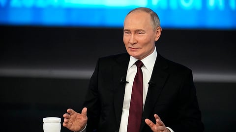 Russian President Vladimir Putin speaks during his annual news conference and call-in show at Gostinny Dvor in Moscow, Russia on Thursday.