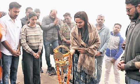 The film’s cast and crew attending a pooja function at Assi Ghat temple in Varanasi
