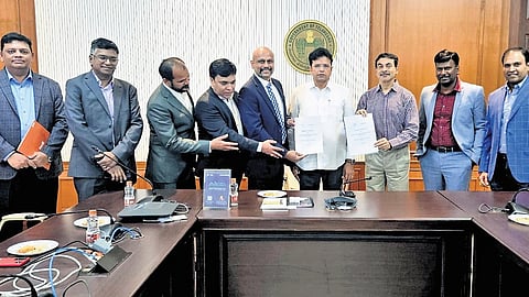IT Minister D Sridhar Babu at the signing of the pact with ITServe Alliance, one of the largest association of US companies, in Hyderabad on Wednesday