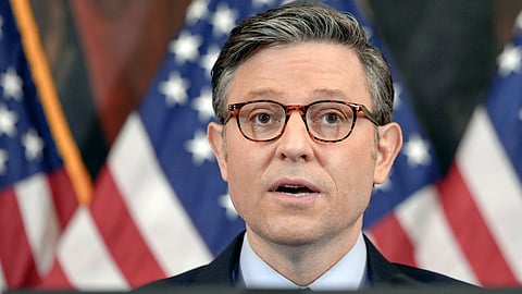 Speaker of the House Mike Johnson, R-La., talks during a U.S. Capitol Hanukkah event with a ceremonial Menorah lighting to commemorate the upcoming eight-day festival of Hanukkah on Capitol Hill Tuesday, Dec. 17, 2024, in Washington.