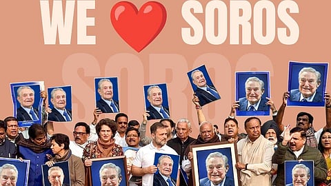 The images of Ambedkar that the MPs were holding during the protest were edited out and replaced with a picture of US billionaire George Soros.