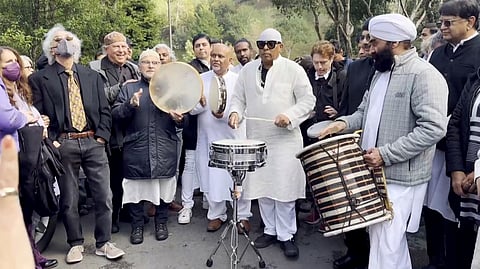 Percussionist A Sivamani performs during the funeral of Tabla maestro Zakir Hussain at Fernwood Cemetery in San Francisco, USA, Thursday, Dec. 19, 2024.