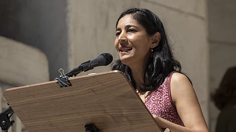 Kiran Desai speaks outside the New York Public Library on August 19, 2022, in New York.