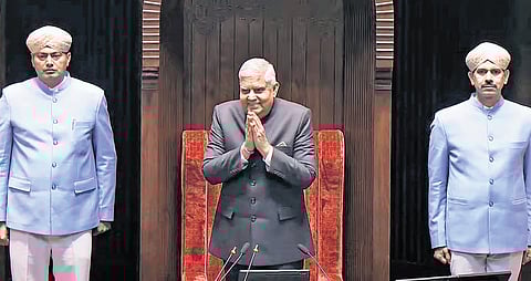 Rajya Sabha Chairman Jagdeep Dhankhar arrives to conduct proceedings in the House during the winter session on Friday.