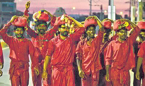 Bhavani devotees arriving at Kanaka Durga temple in Vijayawada