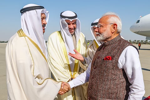 Prime Minister Narendra Modi being welcomed upon his arrival at the airport, in Kuwait, Saturday, Dec. 21, 2024.