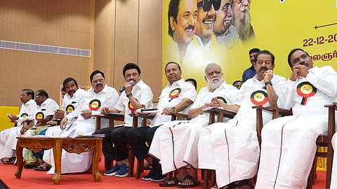 Tamil Nadu Chief Minister and DMK President MK Stalin with senior party leaders at the party's General Council Meeting, in Chennai.