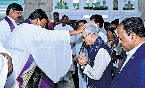 Governor Jishnu Dev Varma takes blessing at Medak Church on Sunday