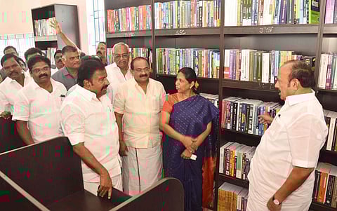 Minister KN Nehru, MRK Pannerselvam and Sakkarapani during a government event in Karimangalam on Saturday where they inaugurated various projects and distributed welfare