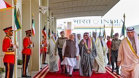 Prime Minister Narendra Modi being received by Kuwait Deputy PM Sheikh Fahad Yousef Saud Al-Sabah and others upon his arrival in the country on Saturday.