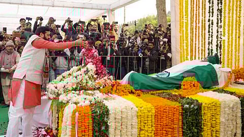 Haryana Chief Minister Nayab Saini pays last respect to the mortal remains of former Haryana chief minister Om Prakash Chautala during his last rites at Teja Khera farmhouse, in Sirsa