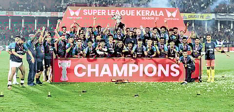 Calicut FC team celebrates their victory in the inaugural edition of Super League Kerala