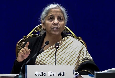 Union Finance Minister Nirmala Sitharaman addresses a press conference, in Jaisalmer, Saturday, Dec. 21, 2024.