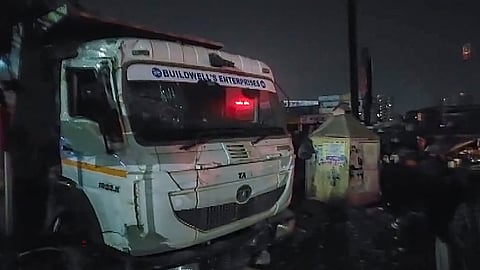 A truck is seen after it allegedly ran over and killed at least three people and injured six others, in Pune