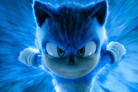 This image released by Paramount Pictures and Sega of America shows the character Sonic, voiced by Ben Schwartz, in a scene from "Sonic the Hedgehog 3."