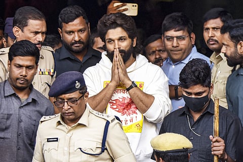 Telugu actor Allu Arjun leaves the state-run Gandhi Hospital after medical check up, in Hyderabad, Friday, Dec. 13, 2024.