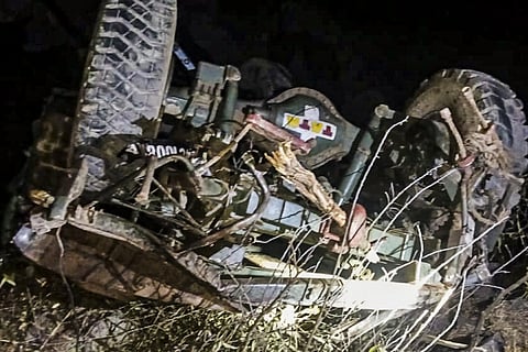 Wreckage of the Army vehicle after it skidded off the road and rolled down into a gorge, in Jammu and Kashmir's Poonch district, Tuesday, Dec. 24, 2024.