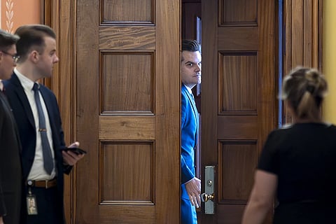 President-elect Donald Trump's nominee to be attorney general, former Rep. Matt Gaetz, R-Fla., closes a door to private meeting with Vice President-elect JD Vance and Republican Senate Judiciary Committee members, at the Capitol in Washington, Wednesday, Nov 20, 2024.