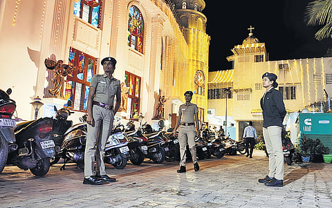 Police personnel stand guard at Sacred Heart Church in Egmore | Ashwin Prasath