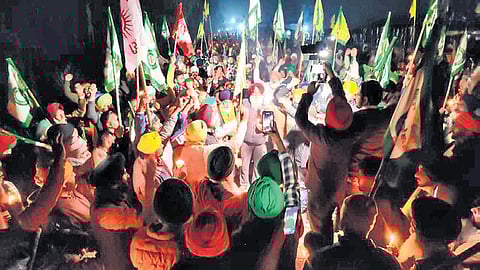 Farmers protesting at Khanauri border between Punjab and Haryana.