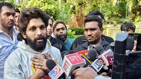 Actor Allu Arjun speaks to the media at his residence after being released from Chanchalguda Central Jail, Dec. 14, 2024.