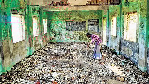 (Left) The remains of the damaged classroom on MGR Thittu; (top) The islanders now live on the mainland in Chidambaram