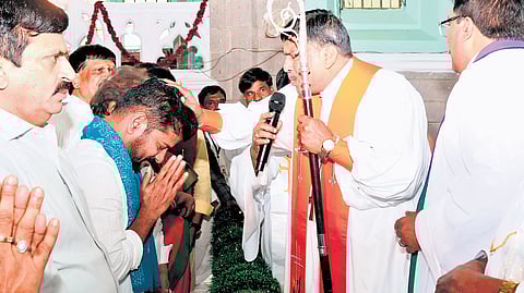 Chief Minister A Revanth Reddy takes part in the centenary celebrations of the Medak Cathedral on Wednesday