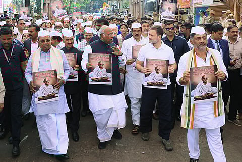 Karnataka Chief Minister Siddaramaiah, Deputy Chief Minister DK Shivakumar, Congress President Mallikarjun Kharge, party leader Rahul Gandhi and others during a march towards the venue of the extended Congress Working Committee (CWC) meeting, on the centenary of the Congress session in Belgaum presided over by Mahatma Gandhi, in Belagavi, Thursday, Dec. 26, 2024.