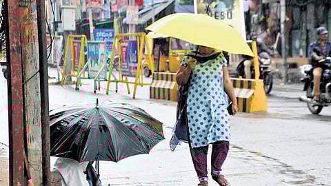 A cobbler waiting for customers during rain in Tirupati on Thursday.