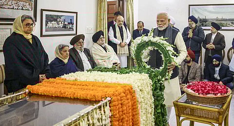 Top political leaders pay their final respects to former Prime Minister Manmohan Singh at his residence in New Delhi on Friday, Dec. 27, 2024.