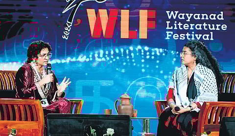 Actor Parvathy Thiruvothu in discussion with journalist Anna M M Vetticad at the Wayanad Literature Festival at Mananthavady on Friday
